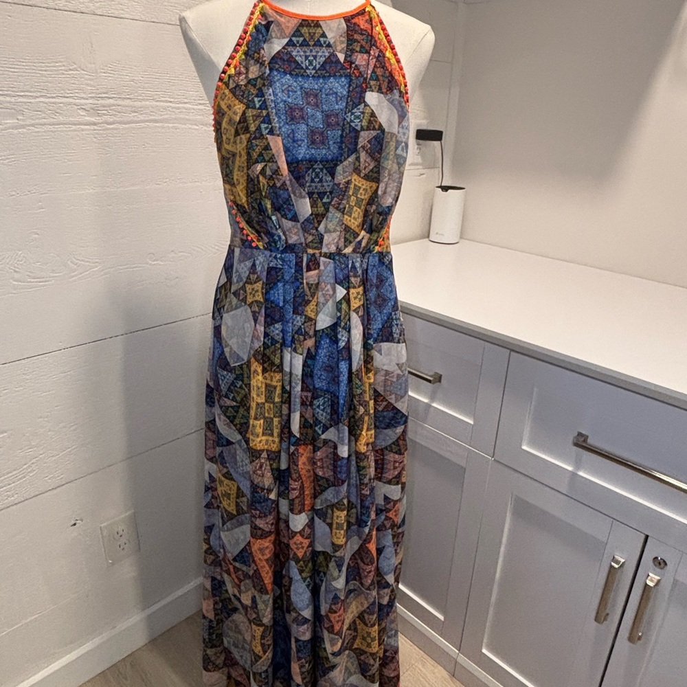 Ranna Gill Colorful Patchwork Maxi Dress Halter Boho Resort Vacation Size M